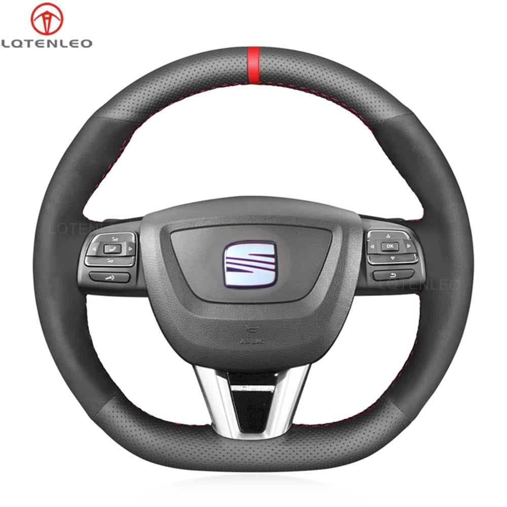 LQTENLEO Black Leather Suede Hand-stitched Soft Car Steering Wheel Cover for Seat Leon Cupra 2008-2012 Toledo Alhambra 2010-2015 Altea 2008-2011