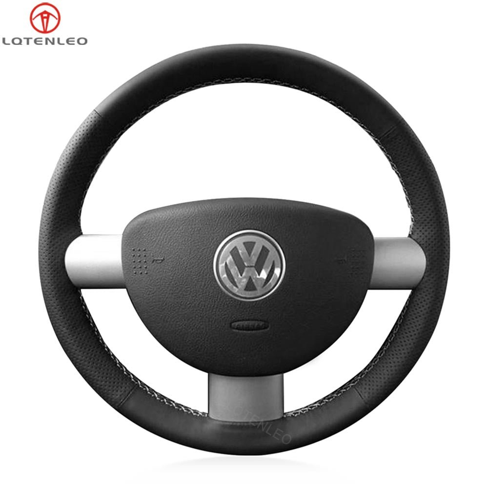 LQTENLEO Black Genuine Leather Hand-stitched Car Steering Wheel Cove for for Volkswagen VW Beetle