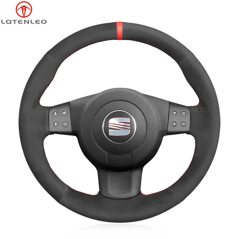 LQTENLEO Black Genuine Leather Suede Hand-stitched Car Steering Wheel Cover for Seat Leon Ibiza Altea XL Toledo