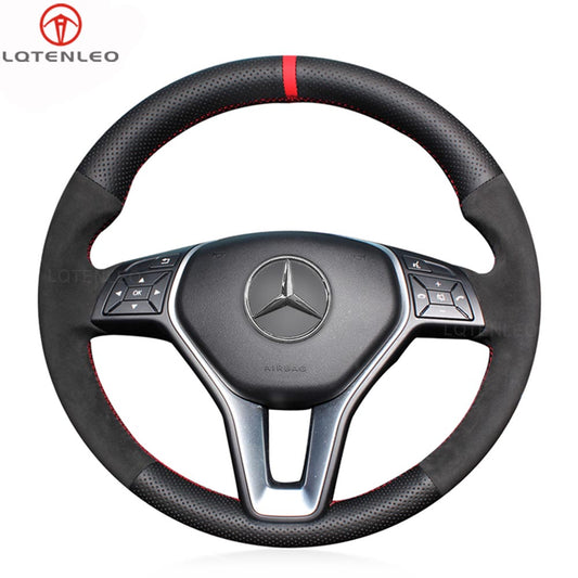 LQTENLEO Black Carbon Fiber Leather Suede Hand-stitched Car Steering Wheel Cover for Mercedes Benz W246 W204 C117 C218 W212 X156 X204