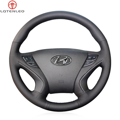 LQTENELO Black Leather Hand-stitched No-slip Soft Car Steering Wheel Cover Braid for Hyundai Sonata 2011-2014 i45 2010-2012