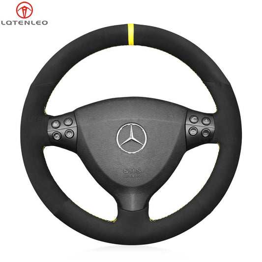 LQTENELO Black Leather Suede Hand-stitched Car Steering Wheel Cover for Mercedes Benz A-Class W169 2004-2012