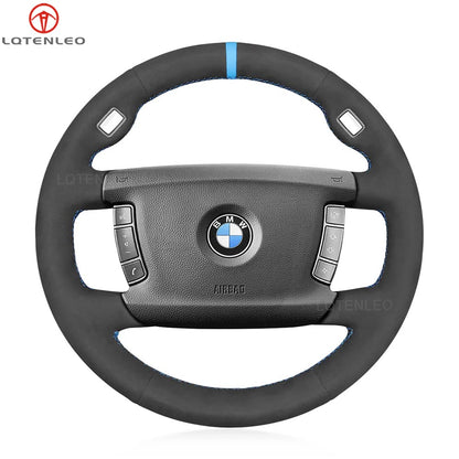 LQTENLEO Black Leather Suede Hand-stitched Car Steering Wheel Cover for BMW 7 Series E65 E66 E67 E68 2002-2008