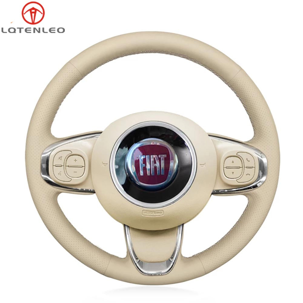 LQTENLEO Beige Leather Hand-stitched Car Steering Wheel Cover for Fiat 500 2015-2021 / 500C 2016-2021