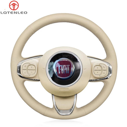 LQTENLEO Beige Leather Hand-stitched Car Steering Wheel Cover for Fiat 500 2015-2021 / 500C 2016-2021