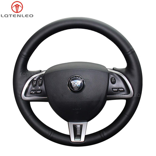 LQTENLEO Black Genuine Leather Hand-stitched Car Steering Wheel Cover for Jaguar XF XF S XF Sportbrake