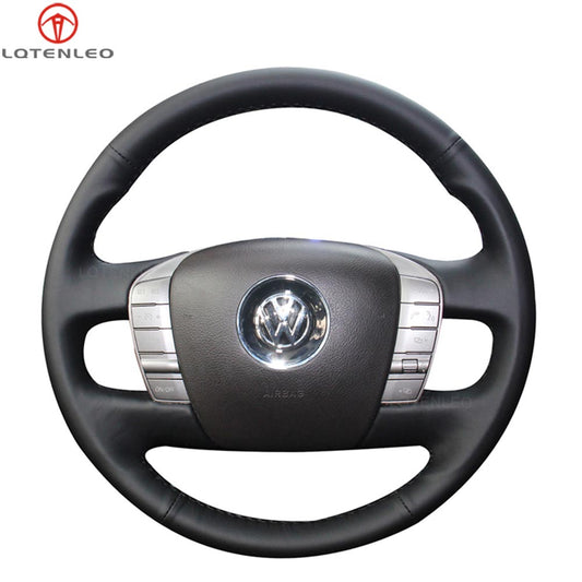 LQTENLEO Black Leather Hand-stitched Car Steering Wheel Cover for Volkswagen VW Phaeton 2010 2011 2012 2013 2014 2015 2016