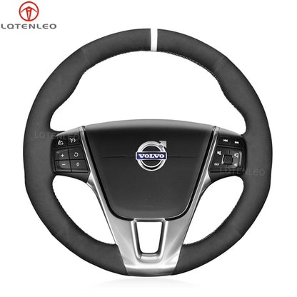 LQTENLEO Black Genuine Leather Suede Hand-stitched Car Steering Wheel Cover for Volvo S60 / V40 / V60 / V70 / 2014 XC60