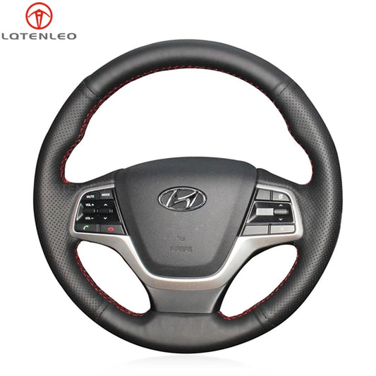LQTENLEO Black Leather Hand-stitched No-slip Soft Car Steering Wheel Cover Braid for Hyundai Accent 2018-2022 Elantra VI 2015-2018