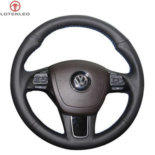 LQTENLEO Black Leather Hand-stitched Car Steering Wheel Cover for Volkswagen VW Touareg 2010-2018