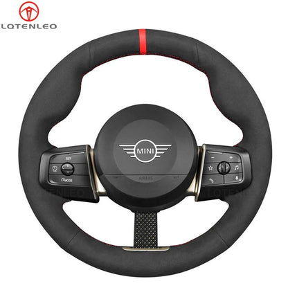 LQTENLEO Black Leather Suede Hand-stitched Car Steering Wheel Cove for Mini Countryman (U25)/ Hardtop (F66)/ Electric Countryman (U25)/ Electric Hatch (F66)