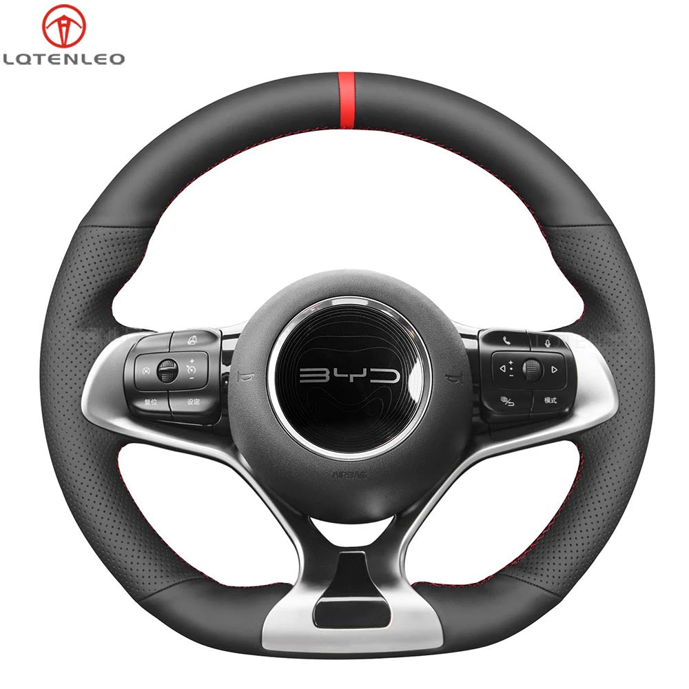 LQTENELO Black Leather Suede Hand-stitched Car Steering Wheel Cover for BYD Atto 3 / Dolphin