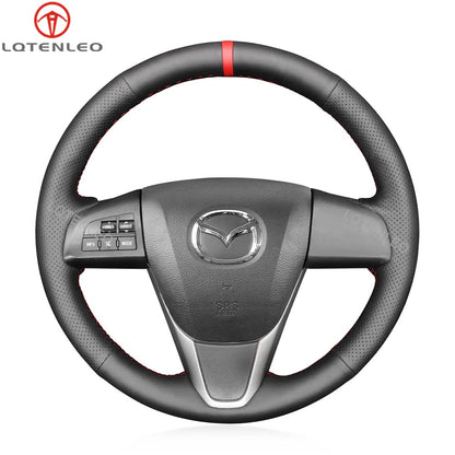 LQTENLEO Black Genuine Leather Suede Hand-stitched Car Steering Wheel Cover for Mazda 3 Axela 2 Mazda 5 Mazda 6 CX-7 CX-9 MAZDASPEED3 (US)