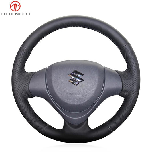 LQTENLEO  Black Leather Hand-stitched Car Steering Wheel Cover for Suzuki Jimny 2015-2018