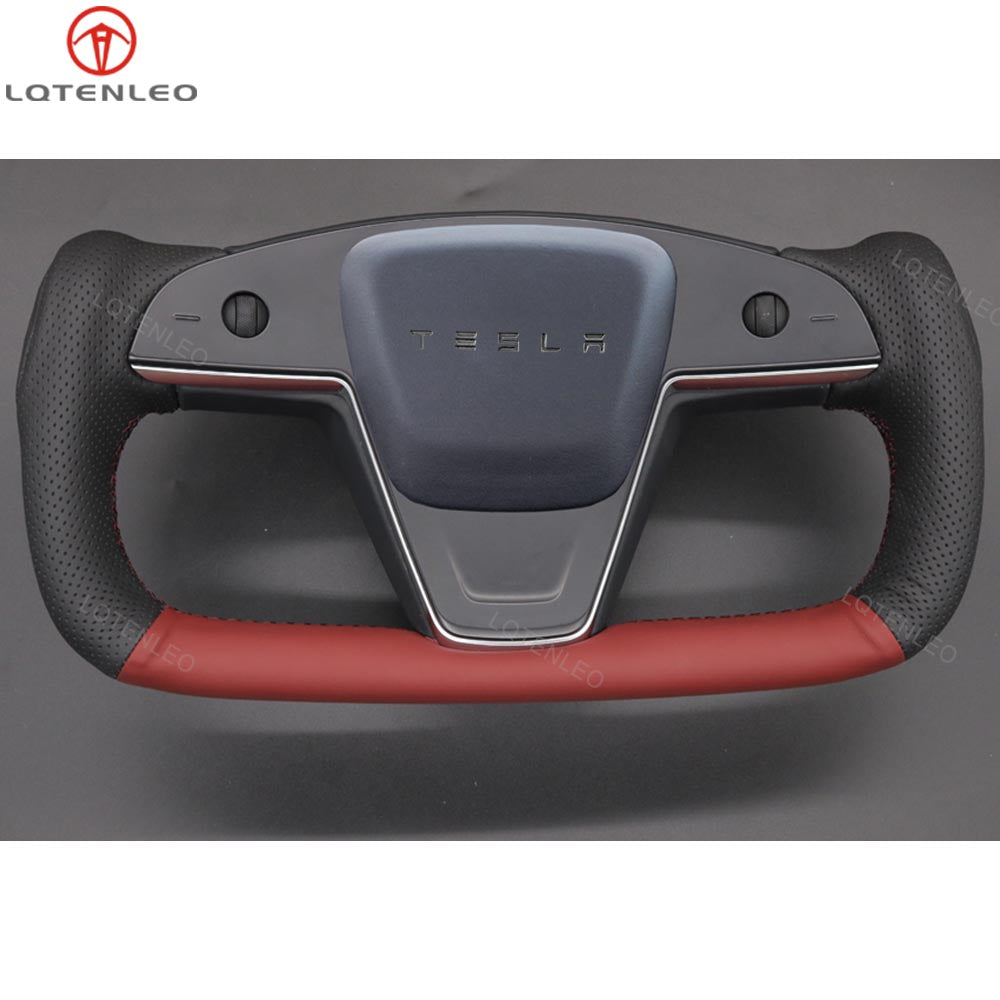 LQTENLEO Genuine Leather Hand-stitched Car Steering Wheel Cover for Tesla Yoke Model S 2021-2023 / Model X 2021-2023