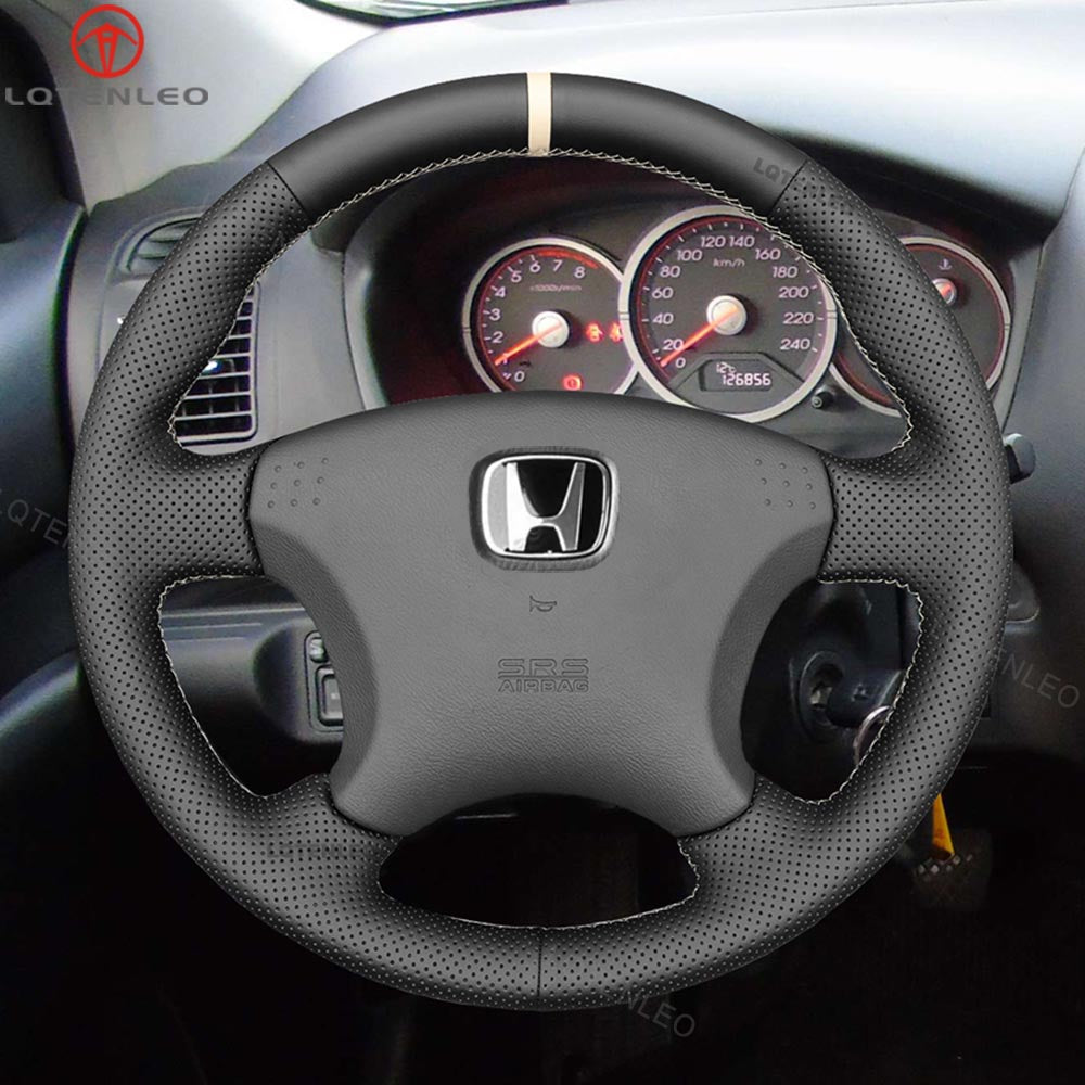 LQTENLEO Black Leather Suede Hand-stitched Car Steering Wheel Cover for Honda Civic 7 2003-2005
