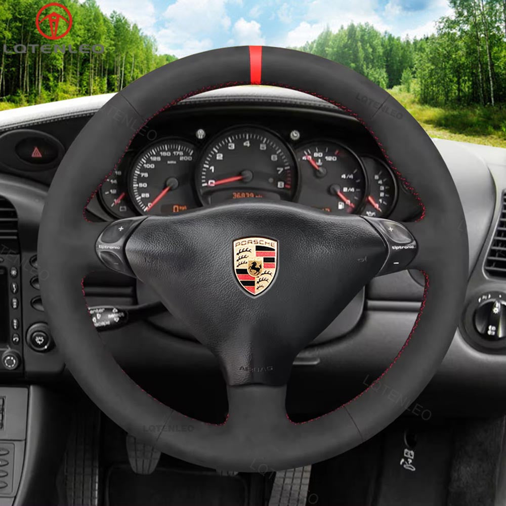 LQTENELO Black Suede Red Marker Hand-stitched Car Steering Wheel Cover for Porsche 911 Turbo 996