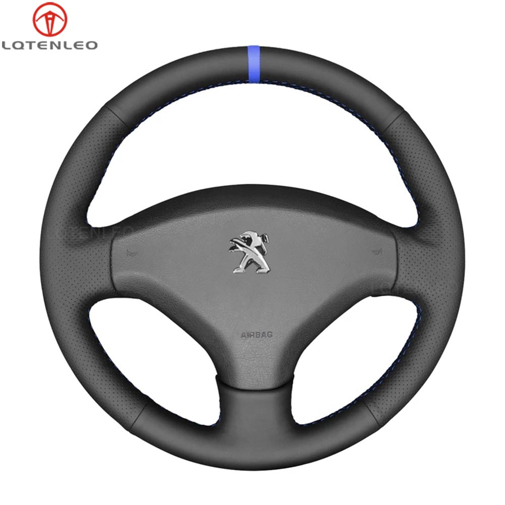 LQTENLEO Black Genuine Leather Suede Hand-stitched Car Steering Wheel Cover Wrap for Peugeot 308 2007 2008 2009 2010 2011-2013 408 2012 2013 2014