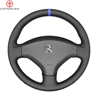 LQTENLEO Black Genuine Leather Suede Hand-stitched Car Steering Wheel Cover Wrap for Peugeot 308 2007 2008 2009 2010 2011-2013 408 2012 2013 2014