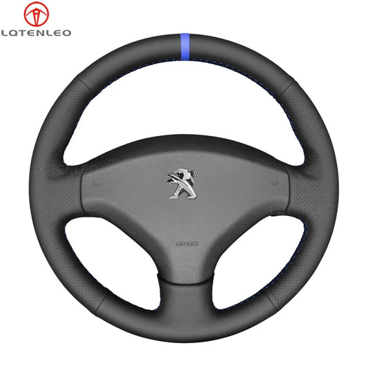LQTENLEO Black Genuine Leather Suede Hand-stitched Car Steering Wheel Cover Wrap for Peugeot 308 2007 2008 2009 2010 2011-2013 408 2012 2013 2014