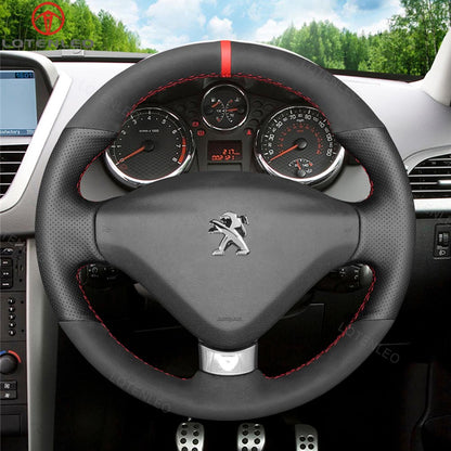 LQTENLEO Black Genuine Leather Suede Hand-stitched Car Steering Wheel Cover for Peugeot 207 CC 2012-2014