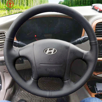 LQTENLEO Black Leather Hand-stitched No-slip Car Steering Wheel Cover Braid for Hyundai Sonata 1999 2000 2001 2002 2003 2004 2005