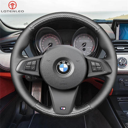 LQTENLEO Black Carbon Fiber Genuine Leather Hand-stitched Car Steering Wheel Cover for BMW Z4 M E89 2009-2016