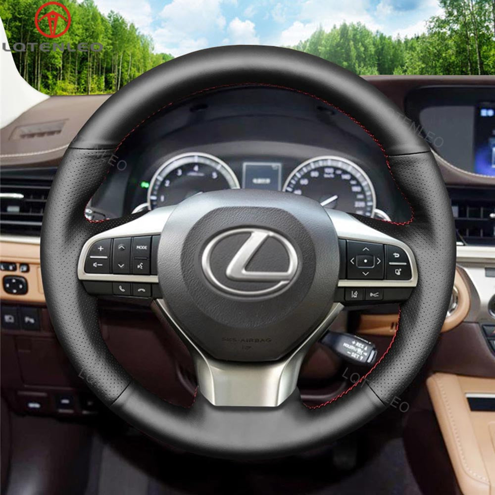 LQTENLEO Black Genuine Leather Suede Hand-stitched Car Steering Wheel Cover for Lexus ES300h ES350 2016-2018