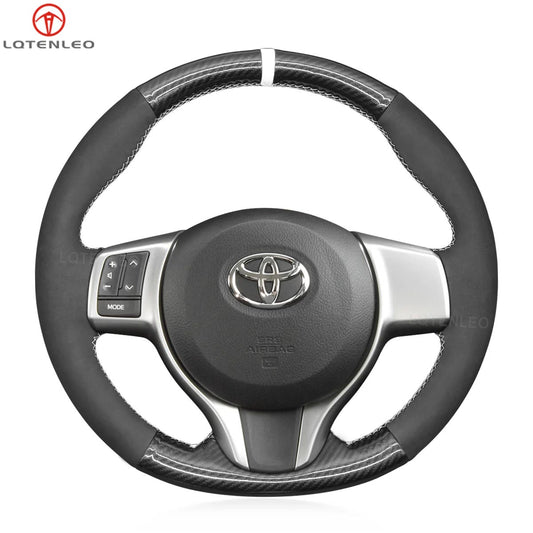 LQTENLEO Black Carbon Fiber Leather Suede Hand-stitched Car Steering Wheel Cover for Toyota Yaris 2012-2020 / Ractis 2010-2015