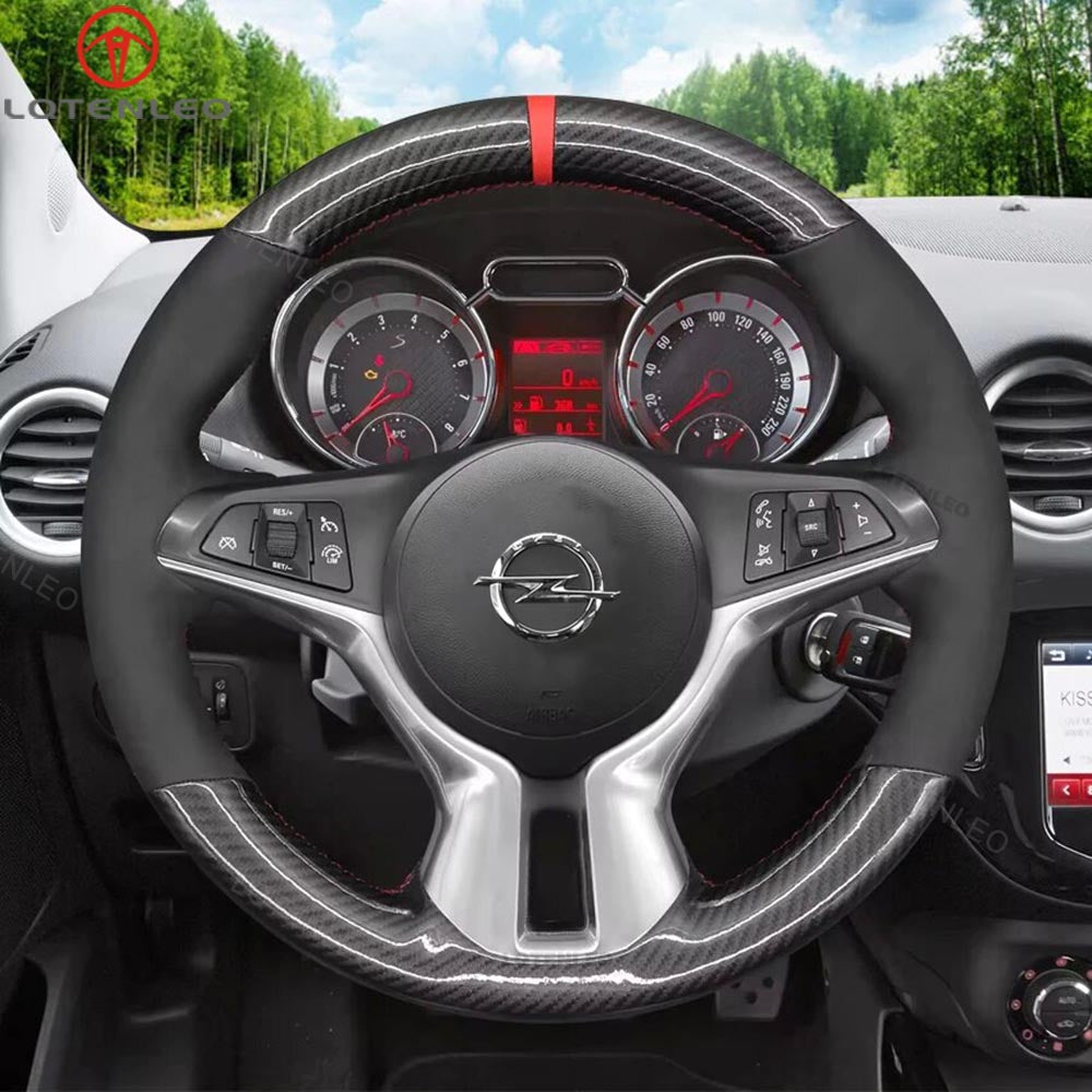 LQTENLEO Carbon Fiber Leather Suede Hand-stitched Car Steering Wheel Cover for Opel Adam 2012-2020