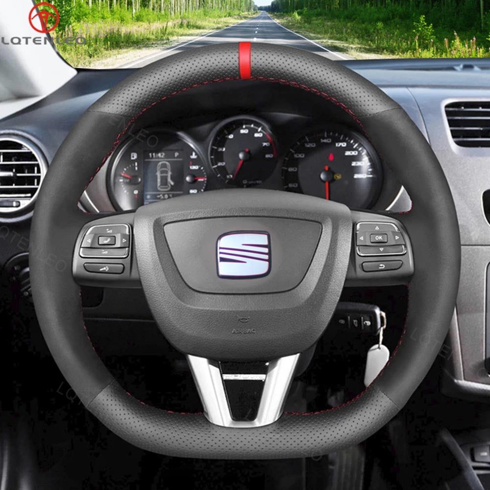 LQTENLEO Black Leather Suede Hand-stitched Soft Car Steering Wheel Cover for Seat Leon Cupra 2008-2012 Toledo Alhambra 2010-2015 Altea 2008-2011