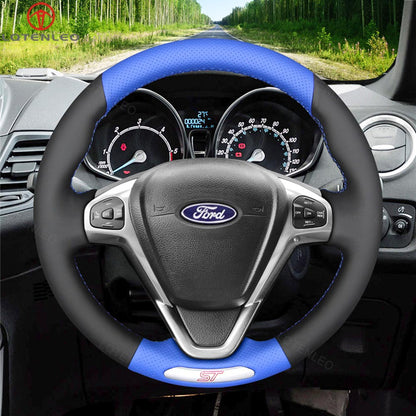 LQTENLEO Black Leather Suede Hand-stitched Car Steering Wheel Cover for Ford Fiesta ST 2012-2017