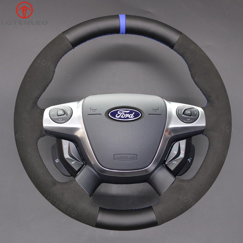LQTENLEO Black Leather Suede Hand-stitched Car Steering Wheel Cover for Ford Focus / Escape / C-MAX / Grand C-Max /Kuga /Ford Focus III