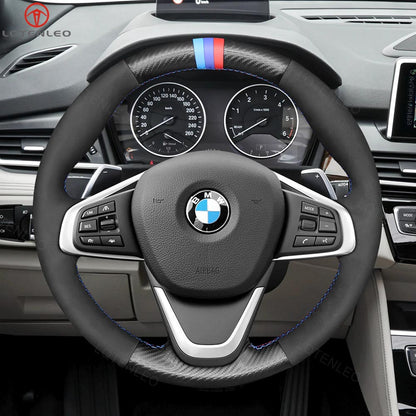 LQTENLEO Carbon Fiber Leather Suede Hand-stitched Car Steering Wheel Cover for 2 Series F45 F46 X1 F48 X2 F39