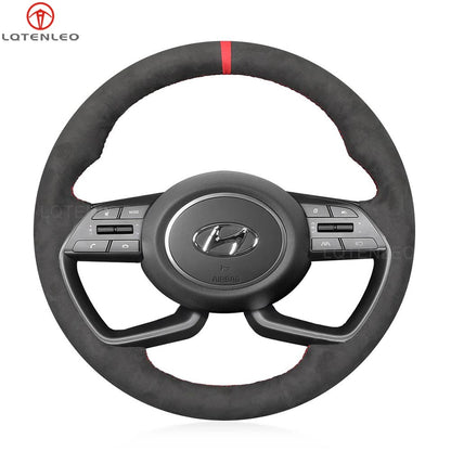 LQTENLEO Carbon Fiber Leather Suede DIY Hand-stitched Car Steering Wheel Cover for Hyundai i20 III 2020-2023 / Bayon 2021-2024