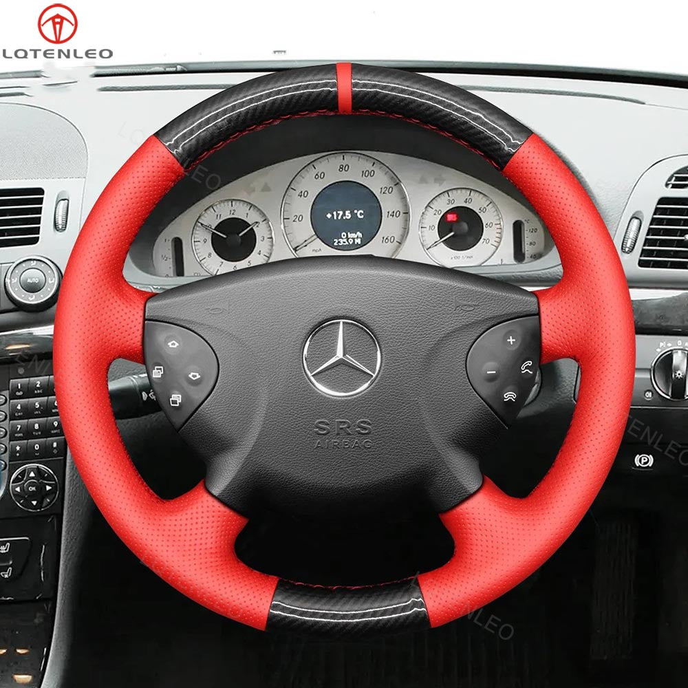 LQTENLEO Black Carbon Fiber Leather Suede Hand-stitched Car Steering Wheel Cover for Mercedes Benz E-Class W211 2003-2006 / G-Class W463 2003-2007