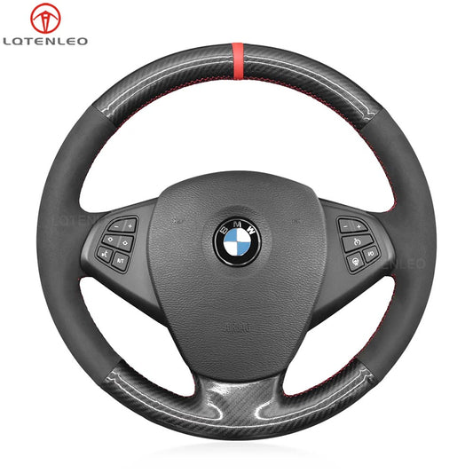 LQTENLEO Black Carbon Fiber Leather Suede Hand-stitched Car Steering Wheel Cover for BMW X3 E83 2005-2010