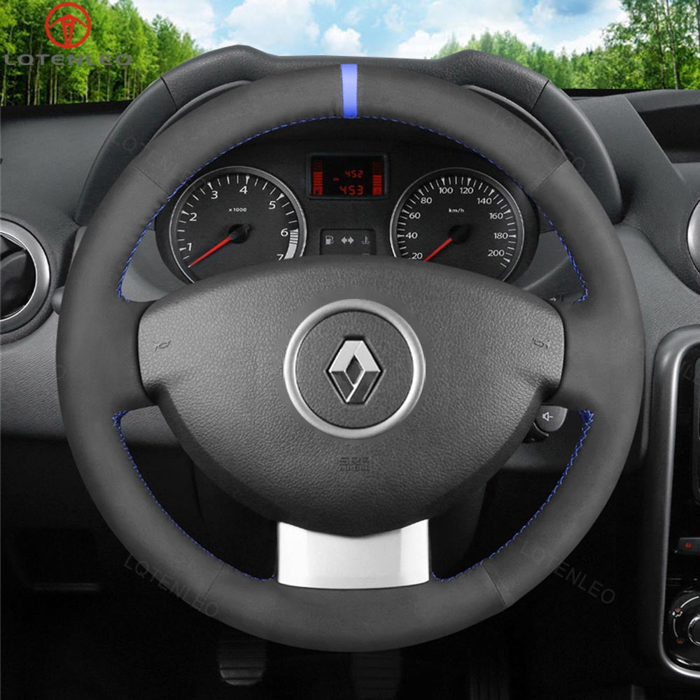 LQTENLEO Black Leather Suede Hand-stitched Car Steering Wheel Cover for Dacia (Renault) Duster Dokker Lodgy Logan Sandero