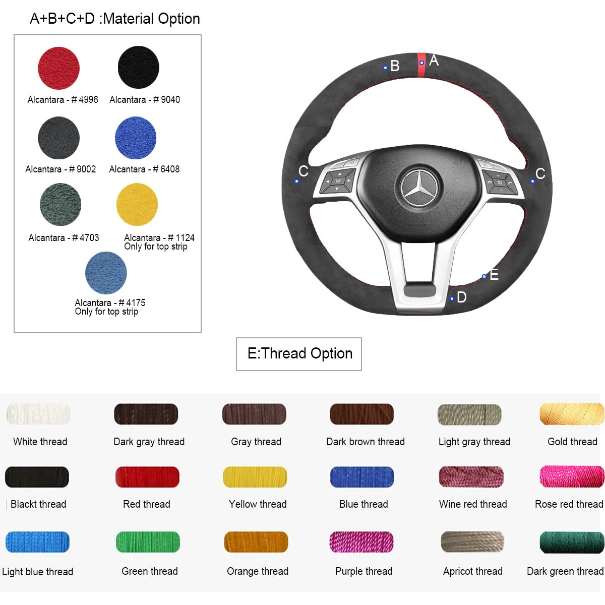 LQTENLEO Alcantara Leather Suede Hand-stitched Car Steering Wheel Cover for Mercedes-benz C-Class W204 / E-Class W212 / CLS-Class C218 / GLA 45 AMG X156 / SL-Class R231 / SLK-Class R172 2012-2016