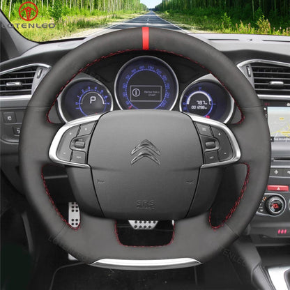 LQTENLEO Black Leather Suede Hand-stitched Car Steering Wheel Cover for Citroen Citroen C4 2010-2019 DS 4 DS4 2011-2018