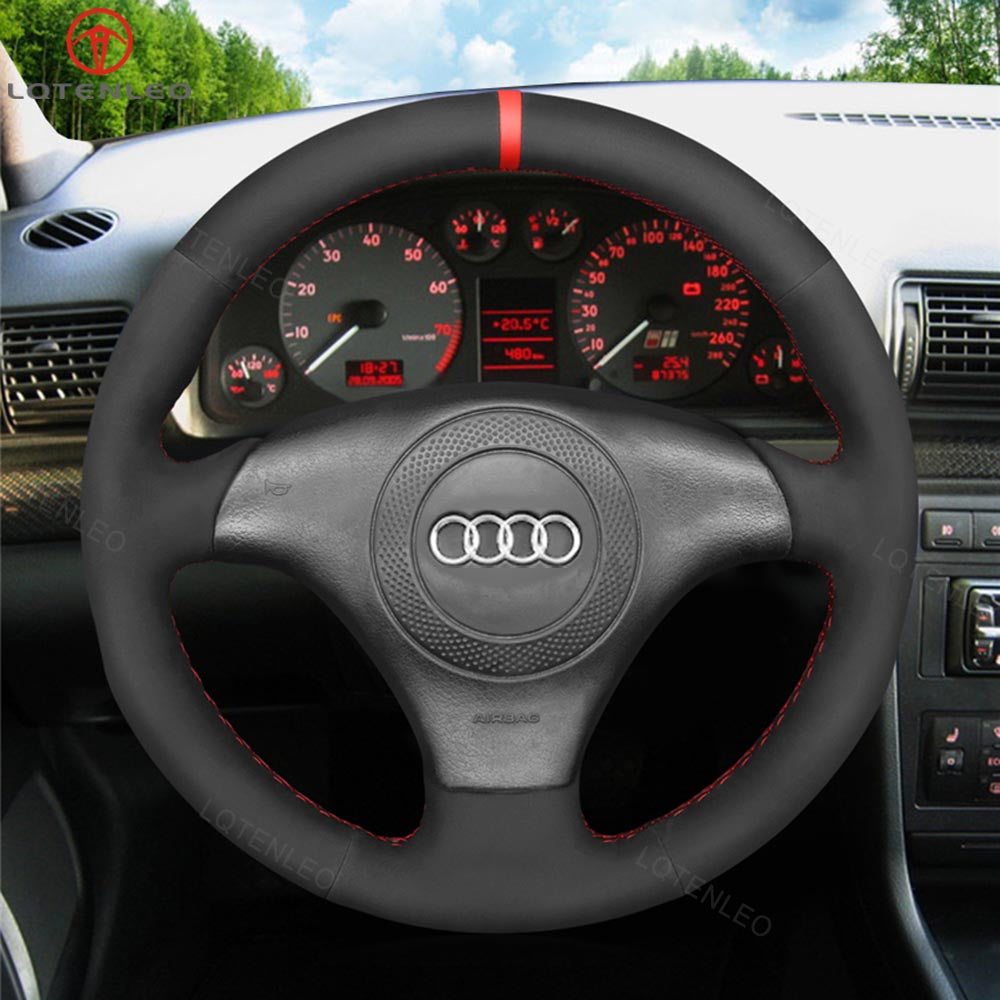 LQTENLEO Black Genuine Leather Suede Hand-stitched Car Steering Wheel Cover for Audi TT (8N) 1998-2001 / A8 S8 (D2) 1998-2002 / S4 (B5) 1997-2001 / S6 (C5)