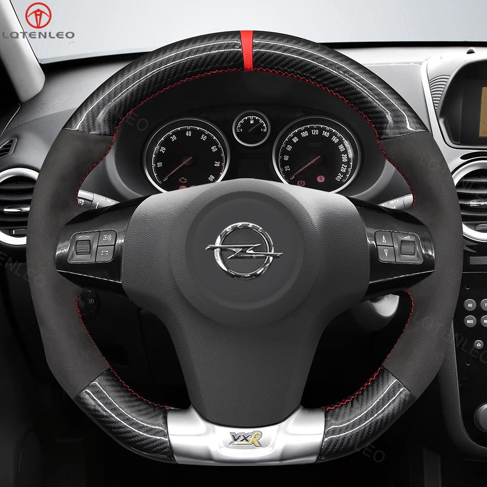 LQTENLEO Carbon Fiber Leather Suede Hand-stitched Car Steering Wheel Cove for Opel Corsa OPC