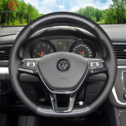 LQTENELO Carbon Fiber Leather Suede Hand-stitched Car Steering Wheel Cover for Volkswagen VW Golf 7 Golf Alltrack Golf SportWagen Jetta Passat Tiguan e-Golf Arteon Atlas