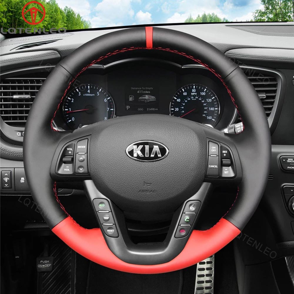 LQTENLEO Black Red Leather Hand-stitched No-slip Car Steering Wheel Cover for Kia K5 Optima 2011-2013