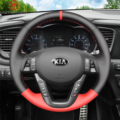 LQTENLEO Black Red Leather Hand-stitched No-slip Car Steering Wheel Cover for Kia K5 Optima 2011-2013