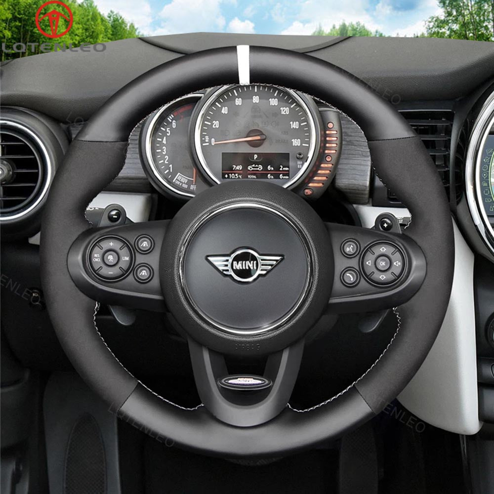 LQTENLEO Black Leather Suede Hand-stitched Car Steering Wheel Cover for Mini (Hatchback/Mini) JCW Clubman JCW Convertible JCW Countryman JCW