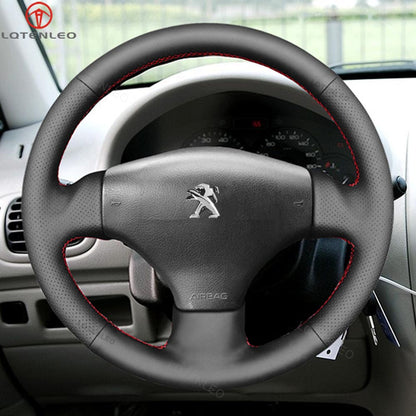 LQTENLEO Carbon Fiber Leather Suede Hand-stitched Car Steering Wheel Cover for Peugeot 206 2001-2009 / 206 SW 2002-2007