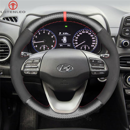 LQTENLEO Black Carbon Fiber Leather Suede Hand-stitched Car Steering Wheel Cove for Hyundai Kona 2017-2023