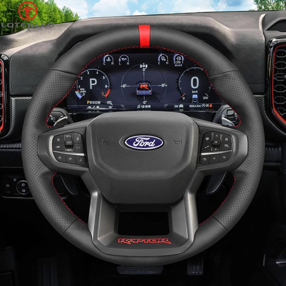 LQTENLEO Black Leather Suede Hand-stitched No-slip Car Steering Wheel Cover for Ford Ranger Raptor