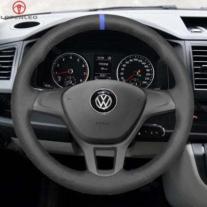 LQTENLEO Black Leather Suede Hand-stitched Car Steering Wheel Cover for Volkswagen VW Amarok T6 California Caravelle Kombi Multivan Transporter